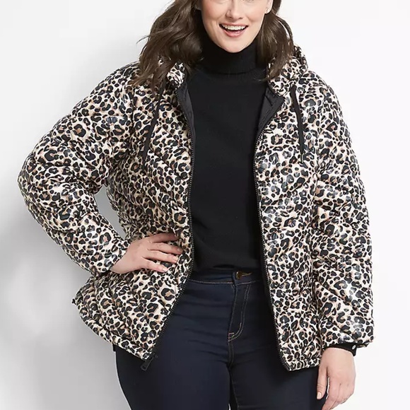 Puffer - Jacket 22/24 3X Leopard Packable Coat Hoodie Pockets Lane Bryant Plus - Picture 1 of 4